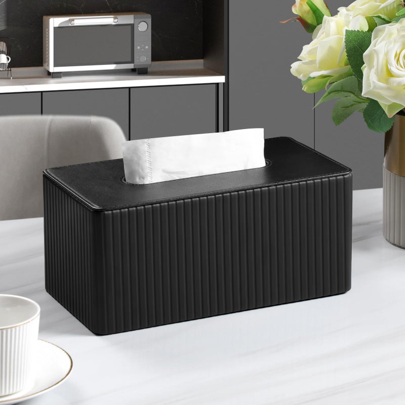 MEIBOOCH PU Leather Tissue Box Cover Rectangle Tissue Box Holder for 120-160 Count Box of Tissues (Black Stria) - Image 2